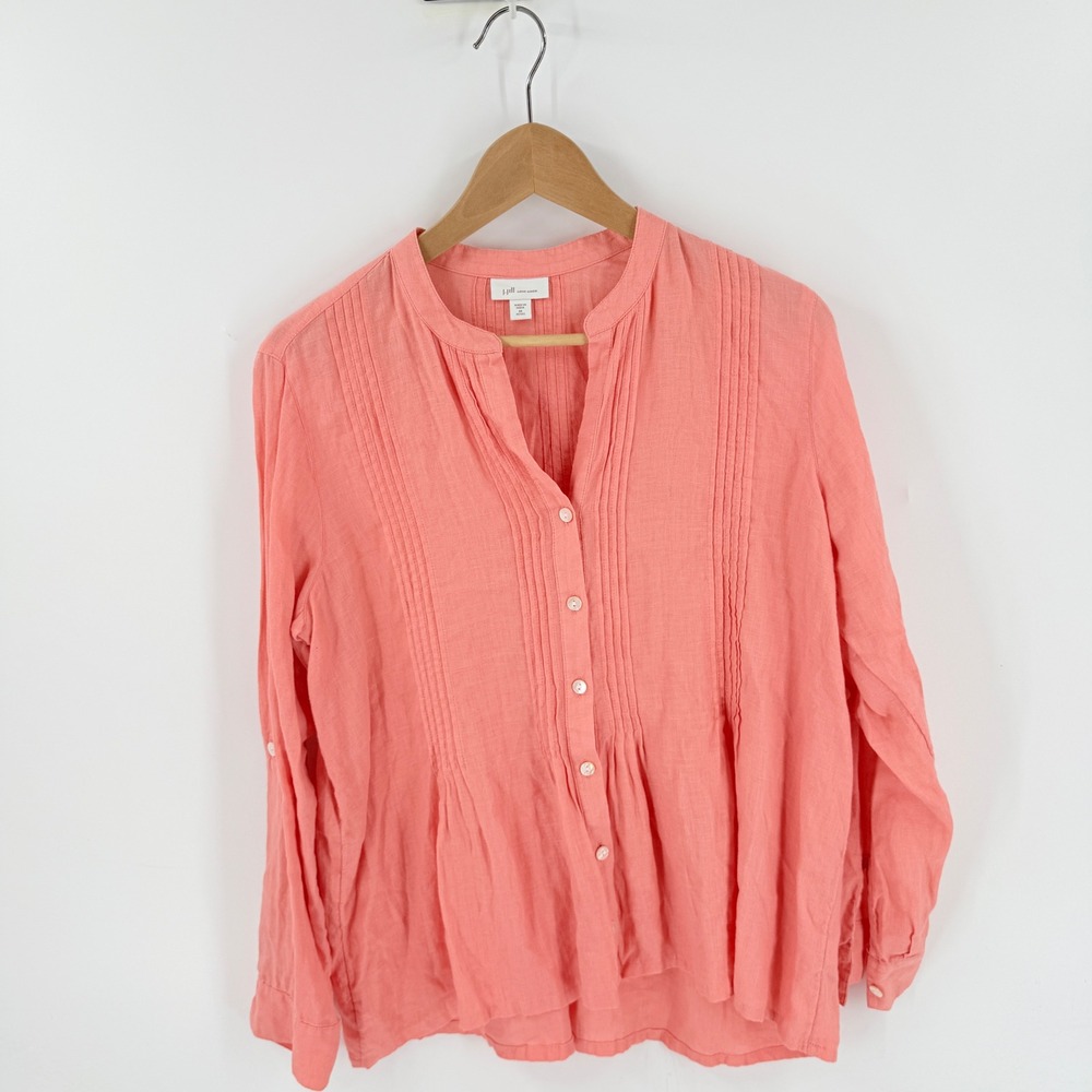 J.Jill Love Linen Pintuck Button Down Top Coral Pink Medium Petite Casual Summer